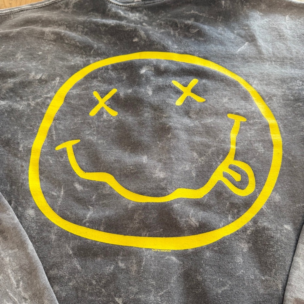 Nirvana Smiley Face Mineral Wash Zip Up Hoodie Grey Mens Small 2016 Band Tee - Picture 4 of 8